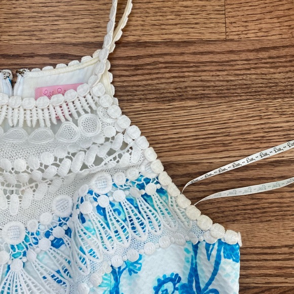 Lilly Pulitzer Pearl Lace Crochet Halter Neck Shift Resort White Blue Dress - Picture 2 of 11